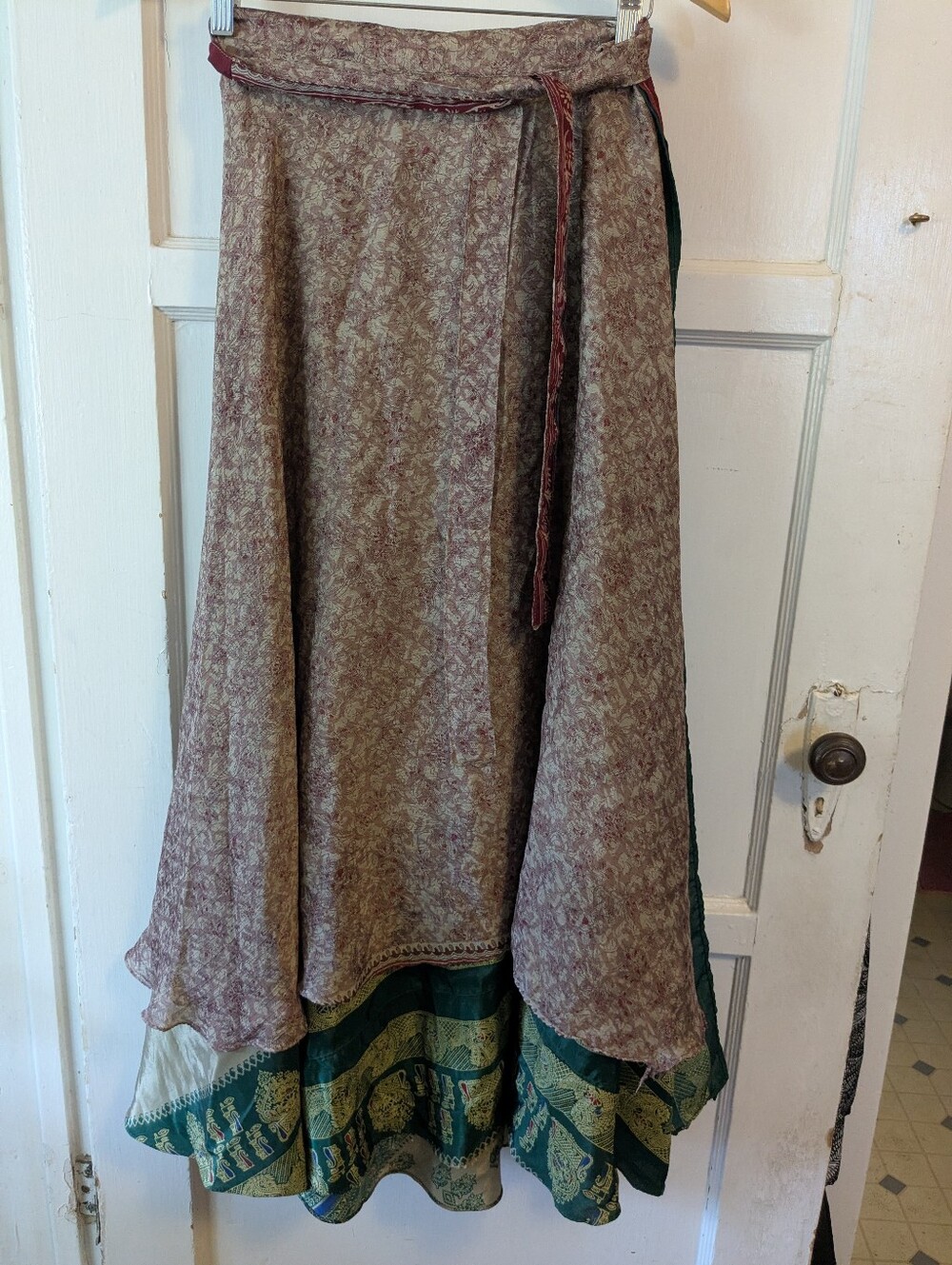 Kariza OS Layered Floral Print Wrap Skirt Maroon, Brown & Green